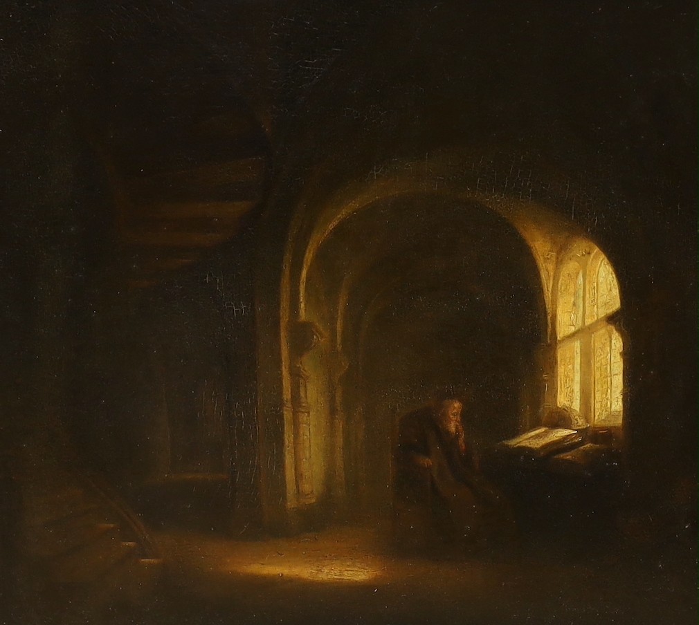 English School c.1840, pair of oils on wooden panels, Dimly lit interiors with seated figures, 28 x 32cm